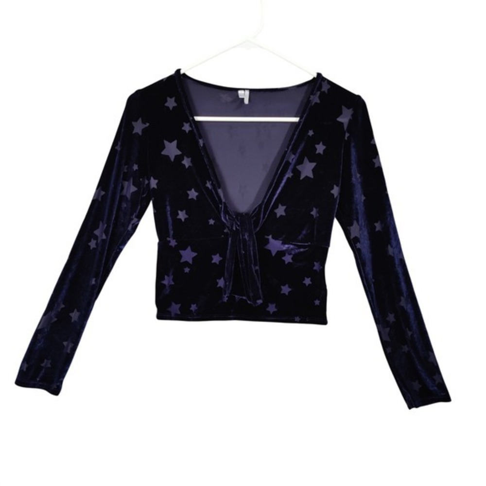 Out From Under Womens Whimsigoth Celestial Velvet Star Top S Navy Tie Front Crop